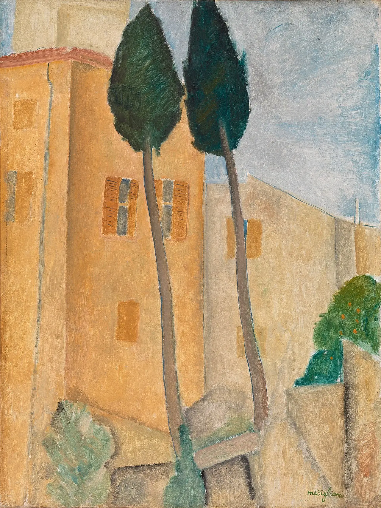 Amedeo Modigliani-maleri - Cypresser og huse i Cagnes